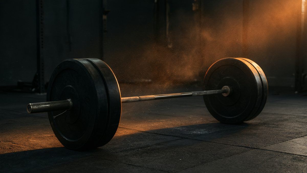 Barra cargada con discos negros sobre el suelo de un gimnasio vacío, con polvo de magnesio en una luz naranja rasante