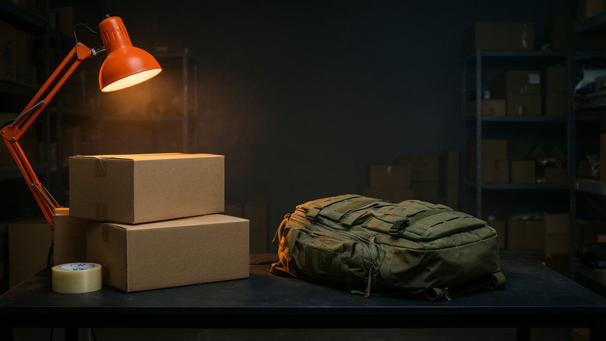 Cajas de envío sin marcar, una mochila táctica verde oliva y un rollo de cinta sobre una mesa de embalaje bajo un flexo naranja