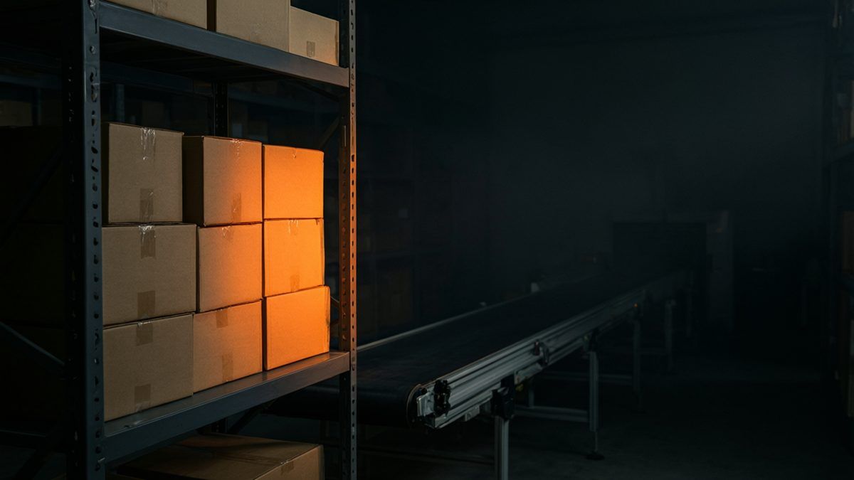 Cajas de cartón apiladas en una estantería de almacén, varias iluminadas en naranja, junto a una cinta transportadora que se pierde en la oscuridad