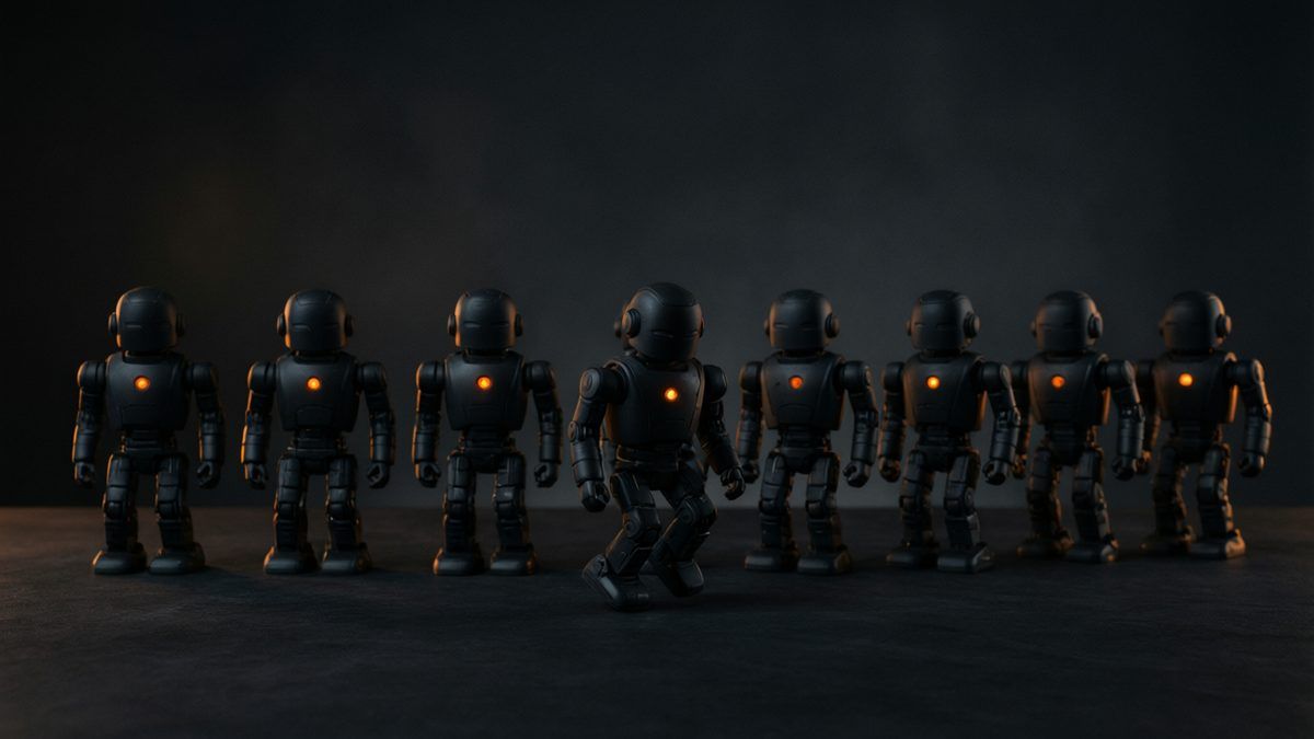 Fila de pequeños robots negros en formación sobre una mesa oscura, cada uno con una luz naranja en el pecho