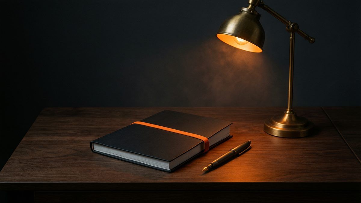Libro de cuentas negro cerrado con una goma naranja y una pluma sobre un escritorio de madera, bajo una lámpara de latón